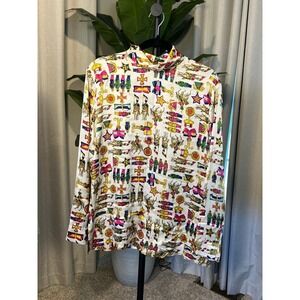 Worth New York 100% Pure Silk Blouse Mock Neck Equestrian Military Novelty Print